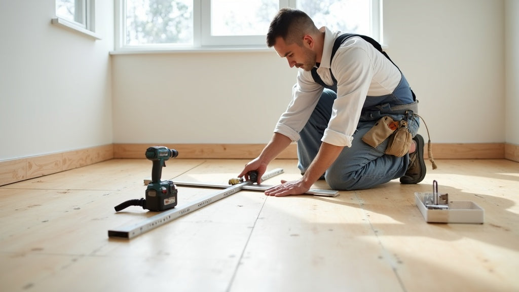 Flooring installer checking a plywood subfloor for flatness with a long aluminum straightedge before installation