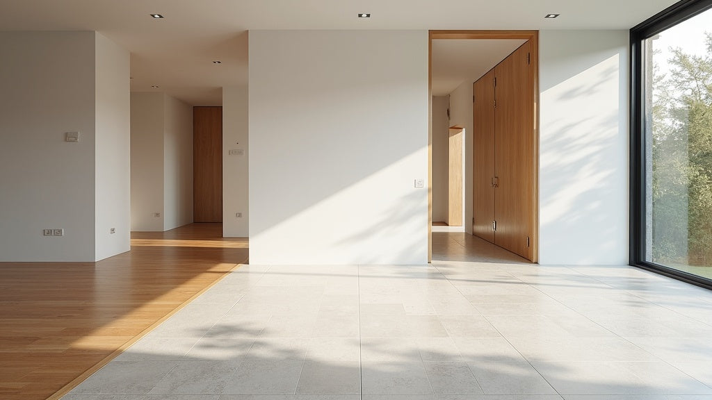 Hardwood flooring transitioning to porcelain tile at a doorway with a flush metal transition strip