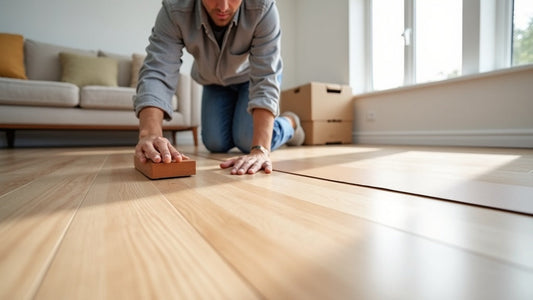 Homeowner clicking a wide-plank floating vinyl floor plank into place with a tapping block in a bright modern living room