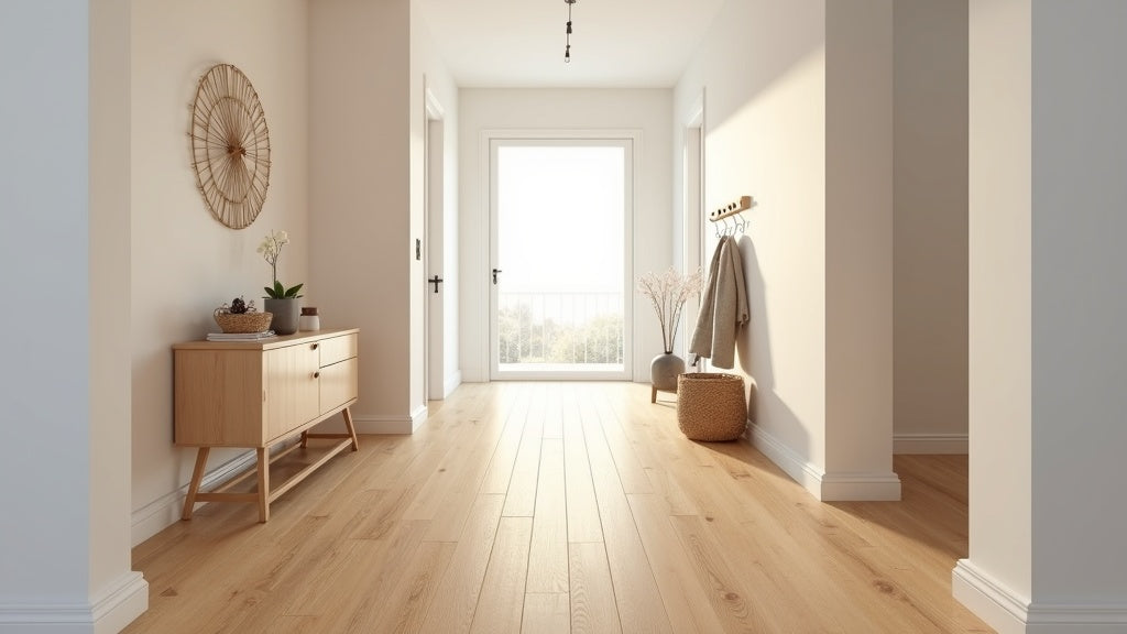 Bright modern entryway and hallway with durable engineered hardwood flooring